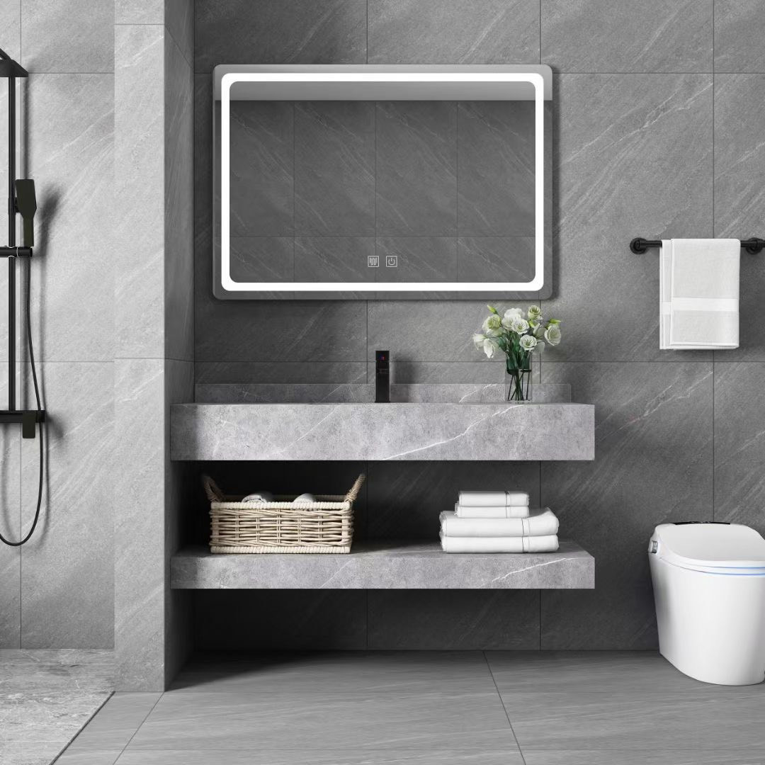 Bộ bàn đá 2 tầng chậu rửa lavabo đá nhân tạo màu ghi vân mây HM-