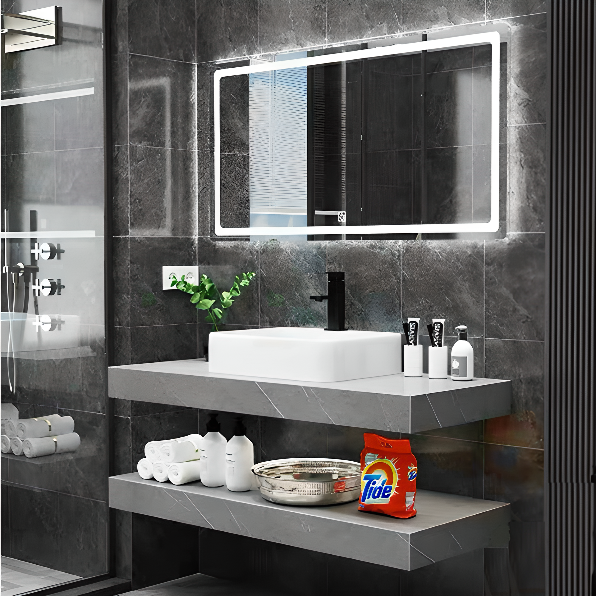 Trọn Bộ Lavabo Bàn Đá Chống Trầy và Gương Led HA-BĐ076 - HATAK